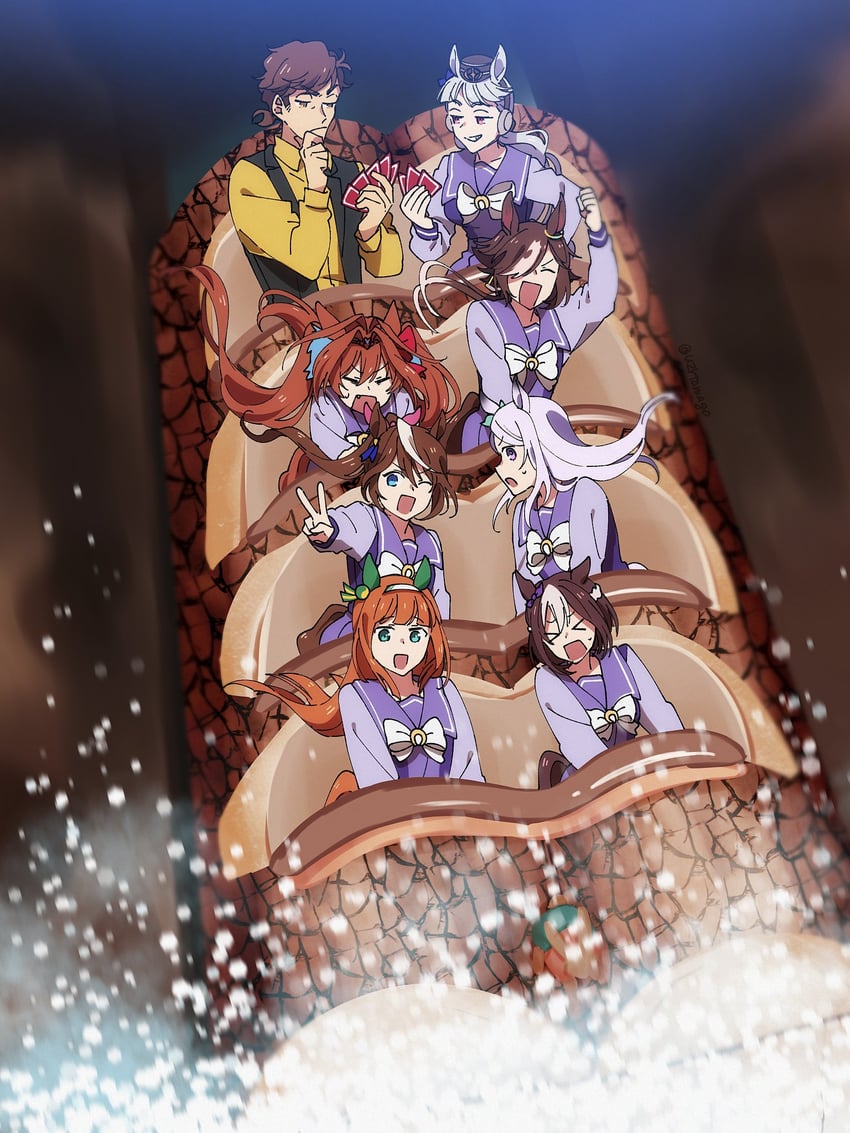 trainer, gold ship, mejiro mcqueen, daiwa scarlet, tokai teio, and 4 more (umamusume and 1 more) drawn by uzura_(uzrtamago)