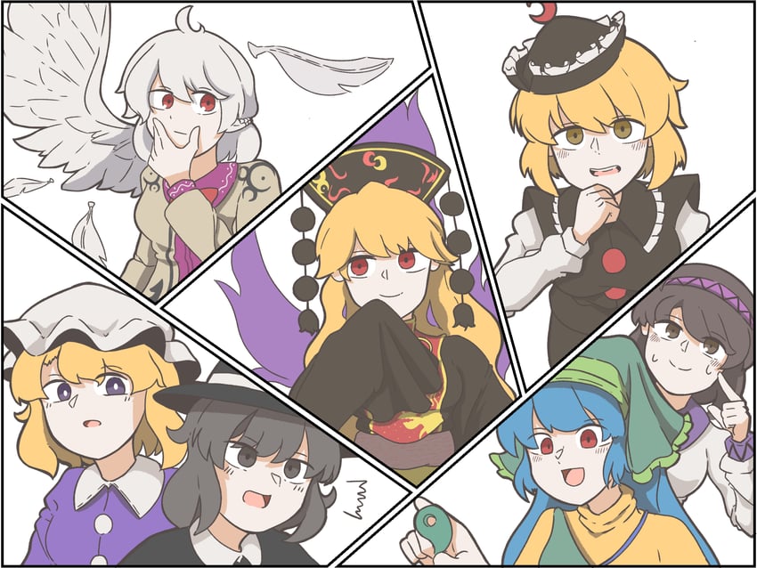 usami renko, maribel hearn, junko, kishin sagume, lunasa prismriver, and 2 more (touhou) drawn by sannkannshion