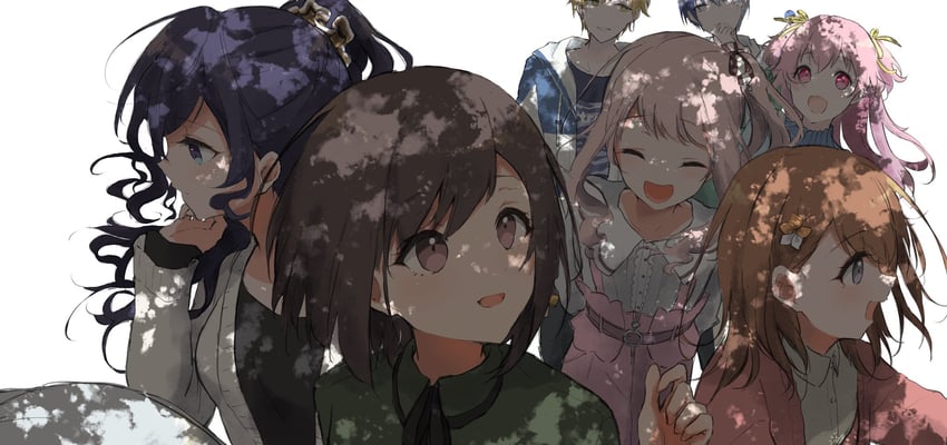 asahina mafuyu, shinonome ena, akiyama mizuki, shinonome akito, aoyagi touya, and 2 more (project sekai) drawn by kujirage