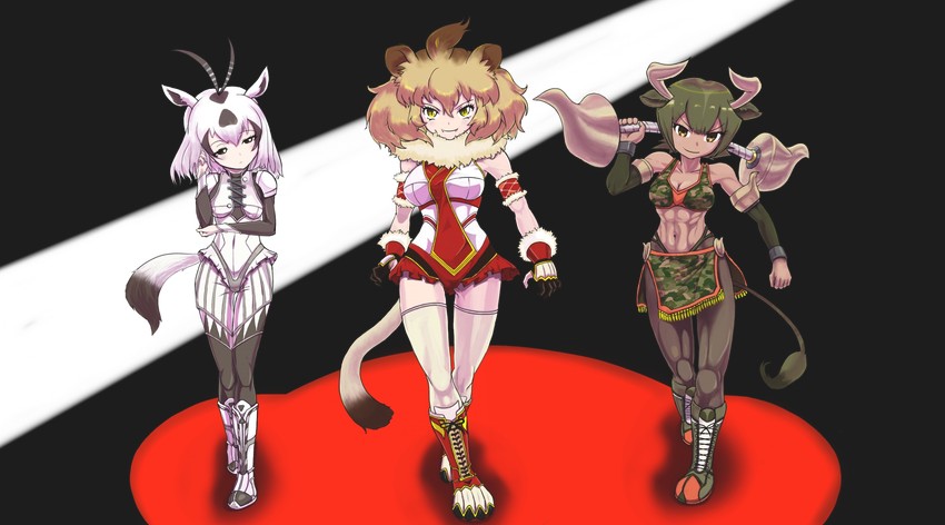 lion, aurochs, and arabian oryx (kemono friends) drawn by ishiba