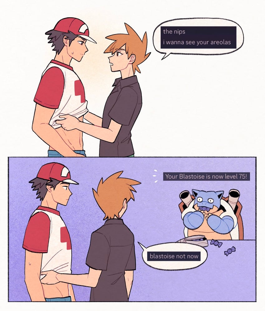 red, blue oak, and blastoise (pokemon and 1 more) drawn by submashell