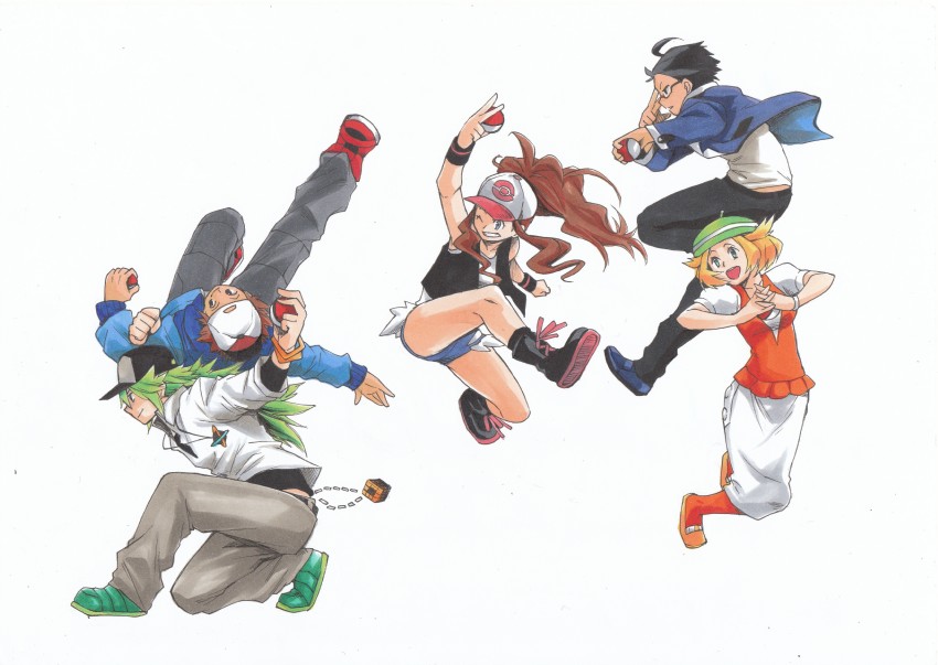 hilda, hilbert, n, bianca, and cheren (pokemon and 1 more) drawn by morishita_makoto
