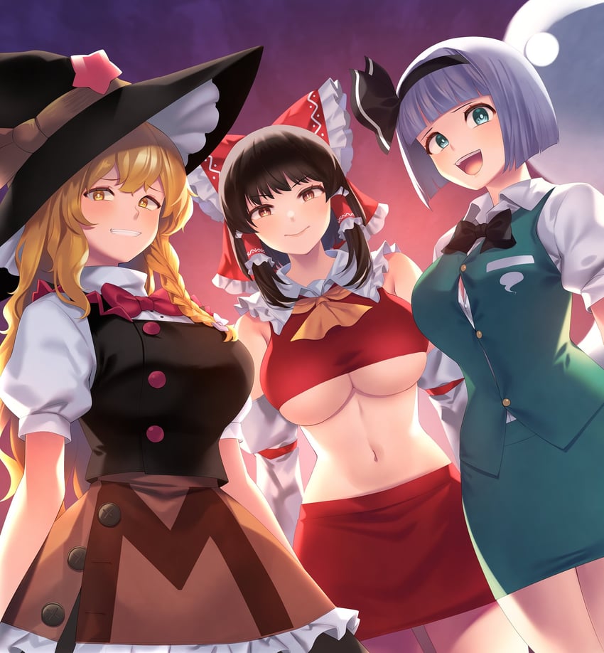 hakurei reimu, kirisame marisa, and konpaku youmu (touhou) drawn by tarmo