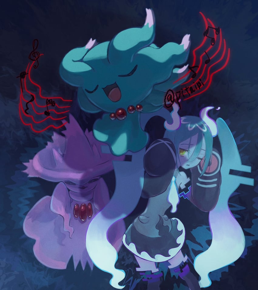 hatsune miku, mismagius, misdreavus, and ghost miku (pokemon and 2 more) drawn by pitari
