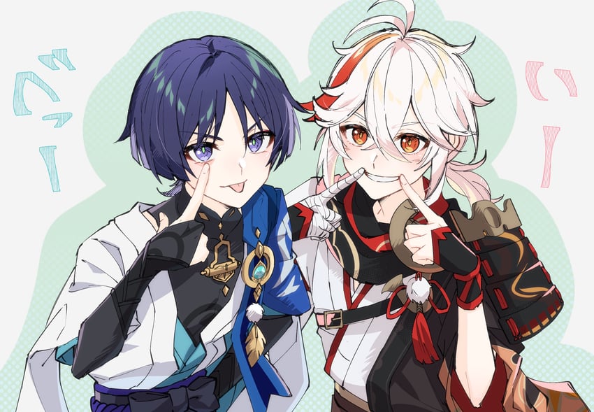 scaramouche, wanderer, and kaedehara kazuha (genshin impact) drawn by mizuamememe