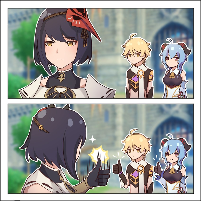 ganyu, aether, and kujou sara (genshin impact) drawn by hafuku