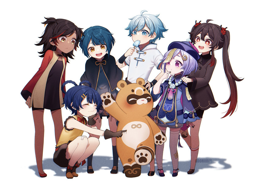 hu tao, qiqi, xingqiu, chongyun, xiangling, and 2 more (genshin impact) drawn by cofyrin