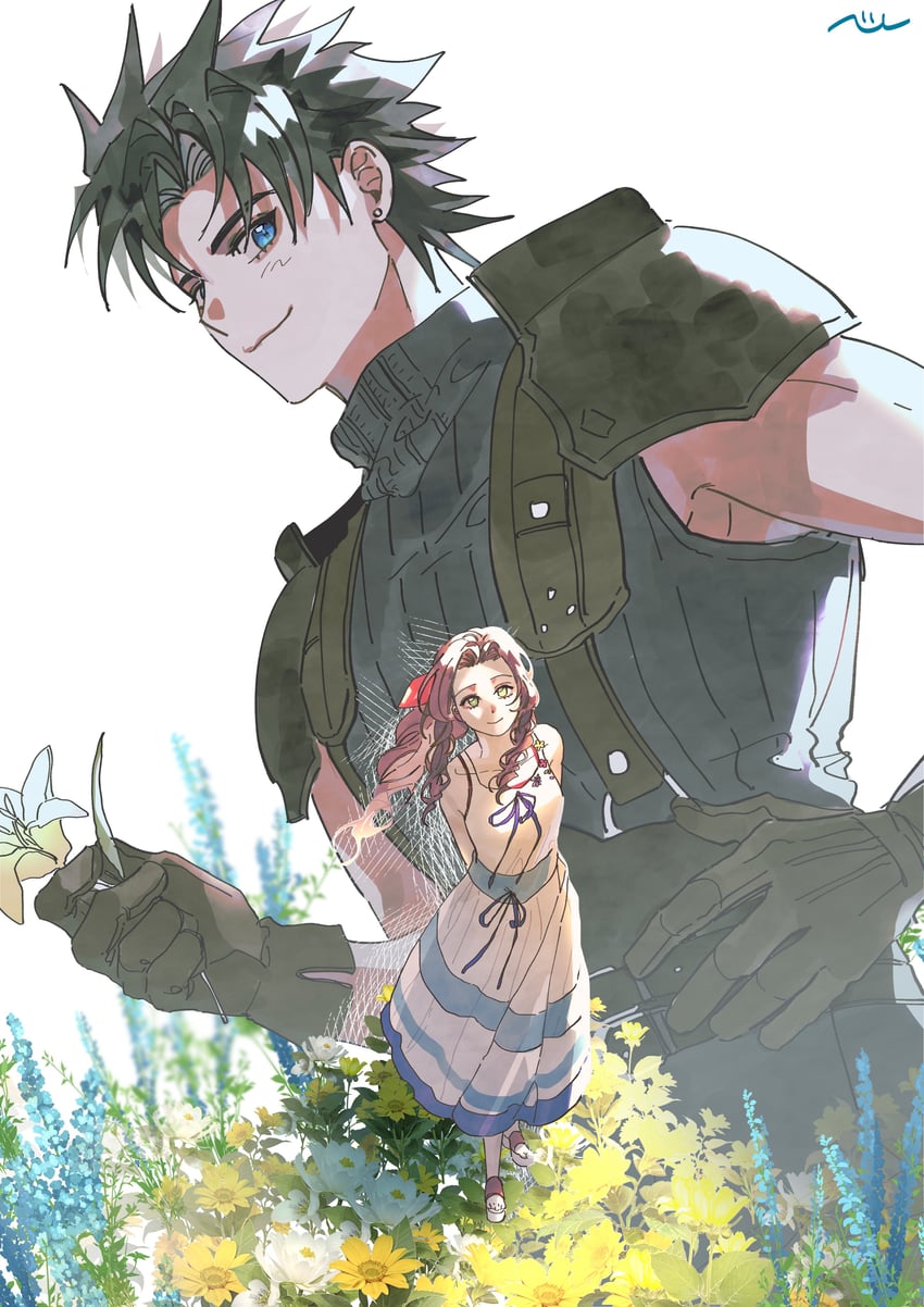 aerith gainsborough and zack fair (final fantasy and 2 more) drawn by nul