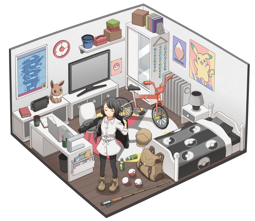 pikachu, gloria, eevee, rotom, and rotom bike (pokemon and 1 more) drawn by itou_(mogura)