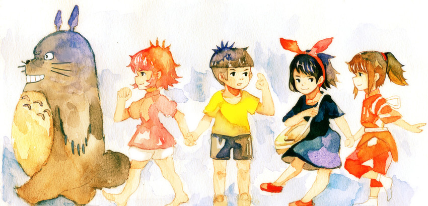 kiki, ogino chihiro, totoro, ponyo, and sousuke (studio ghibli and 4 more) drawn by unhai