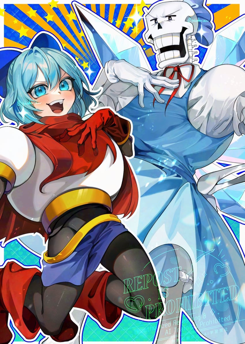 cirno and papyrus (touhou and 1 more) drawn by yahedanian