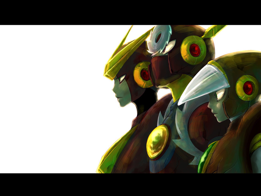 quick man, metal man, and crash man (mega man and 1 more) drawn by mootoru_(delete71)
