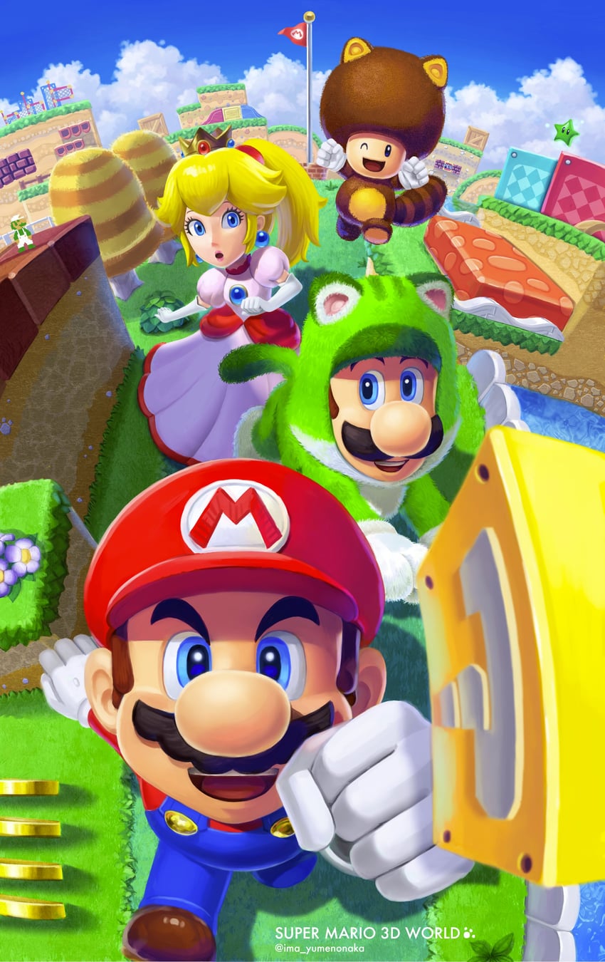 princess peach, mario, luigi, toad, cat luigi, and 2 more (mario and 1 more) drawn by yuuma_rimi