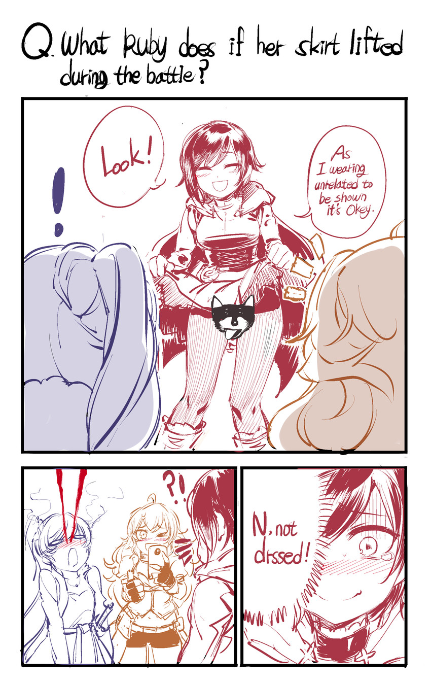 ruby rose, weiss schnee, yang xiao long, and zwei (rwby) drawn by ndgd