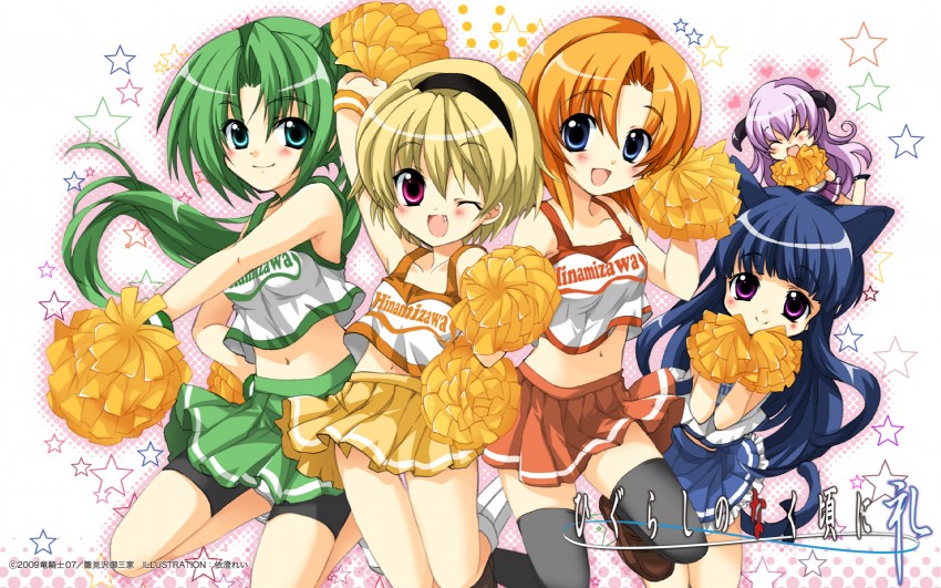 furude rika, ryuuguu rena, houjou satoko, sonozaki mion, and hanyuu (higurashi no naku koro ni) drawn by izumi_rei