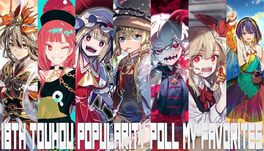 flandre scarlet, rumia, moriya suwako, toramaru shou, hecatia lapislazuli, and 2 more (touhou) drawn by zounose