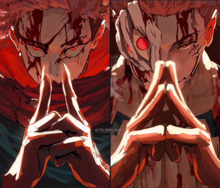 itadori yuuji and ryoumen sukuna (jujutsu kaisen) drawn by trubwlsum