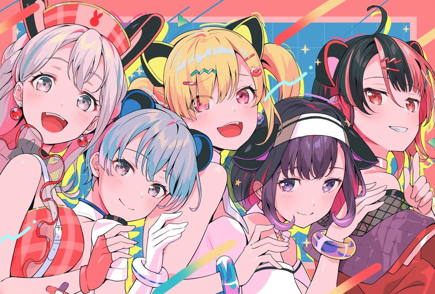 miyanaga nonoka, nakamachi arale, sengoku yuno, minetsuki ritsu, and fuji miyako (bang dream! and 1 more) drawn by mochipuyo_(canvas_mochi)