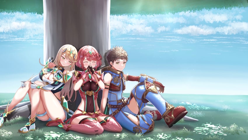 pyra, mythra, and rex (xenoblade chronicles and 1 more) drawn by taro_(peach_taro51)