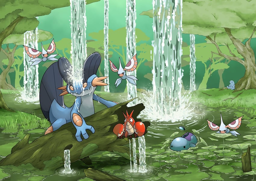 quagsire, swampert, masquerain, and corphish (pokemon) drawn by q-chan