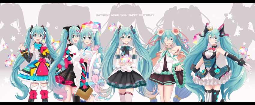 hatsune miku and magical mirai miku (vocaloid and 1 more) drawn by q_t_(pixiv)