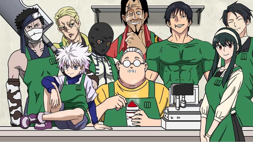 yor briar, killua zoldyck, fushiguro touji, prosciutto, akaza, and 4 more (jojo no kimyou na bouken and 9 more) drawn by okyaaaaaan