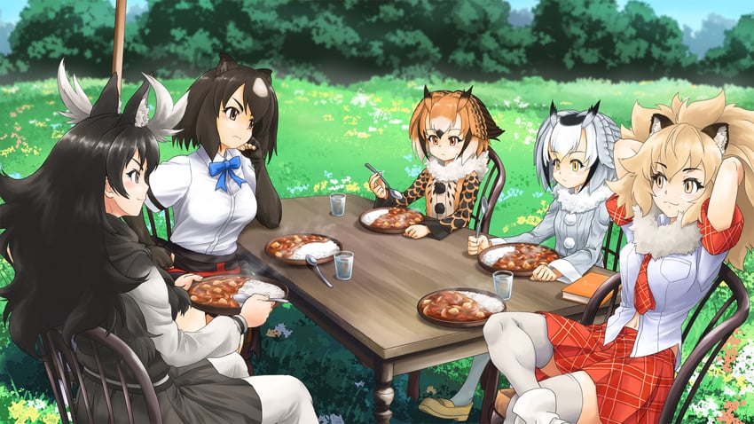 northern white-faced owl, eurasian eagle owl, lion, brown bear, and moose (kemono friends and 2 more) drawn by naka_(nicovideo14185763)