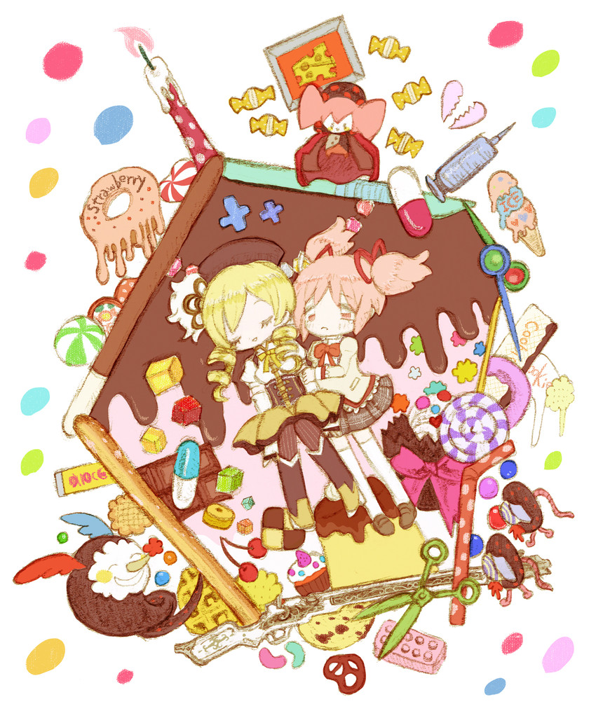 kaname madoka, tomoe mami, charlotte, and pyotr (mahou shoujo madoka magica) drawn by hokori_(kingcat)