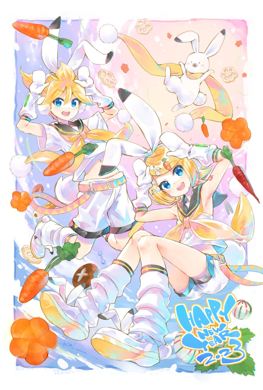 kagamine rin, kagamine len, and rabbit yukine (vocaloid) drawn by kei_(keigarou)