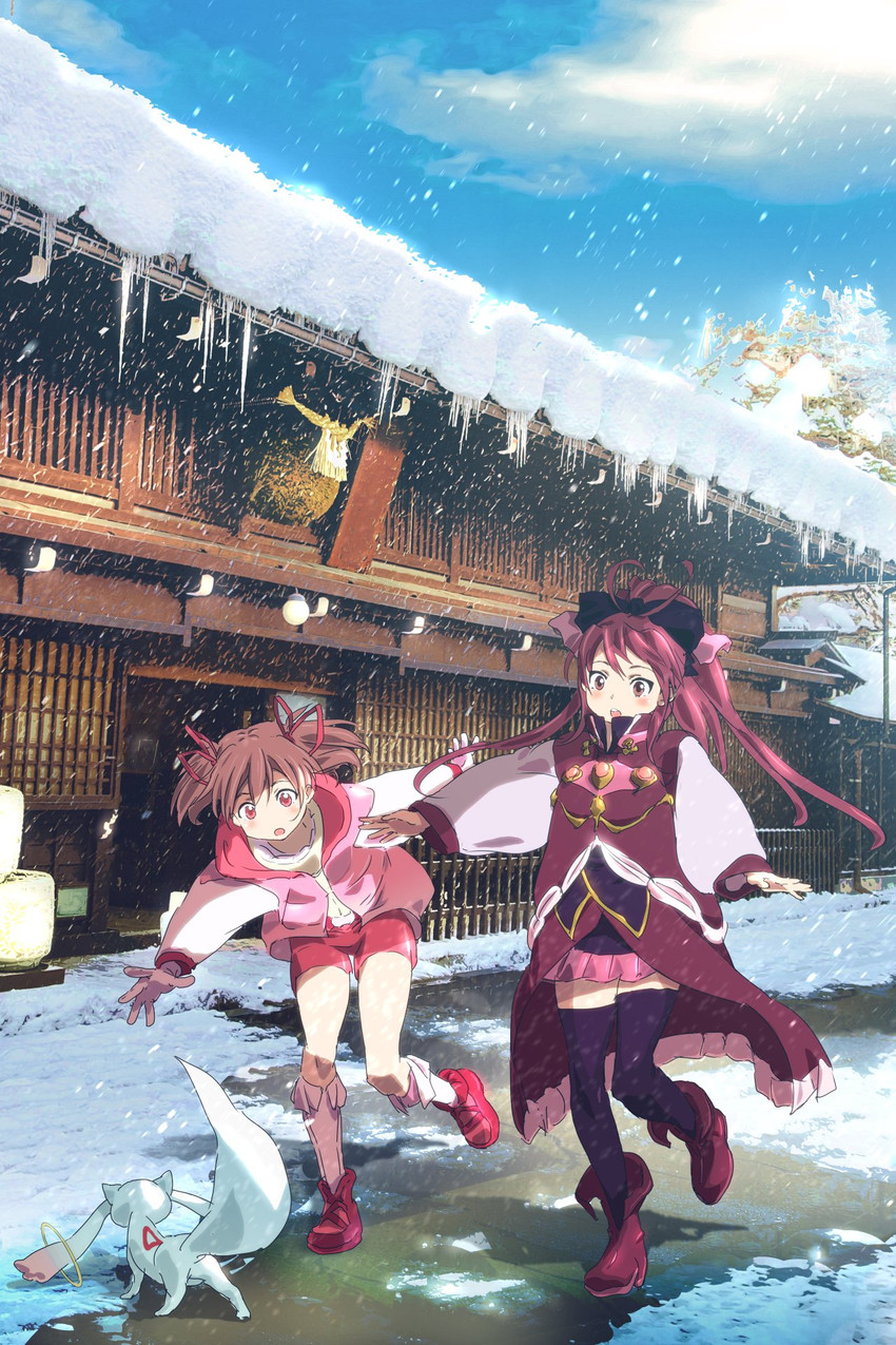 kaname madoka, sakura kyoko, and kyubey (mahou shoujo madoka magica) drawn by washu_junkyu