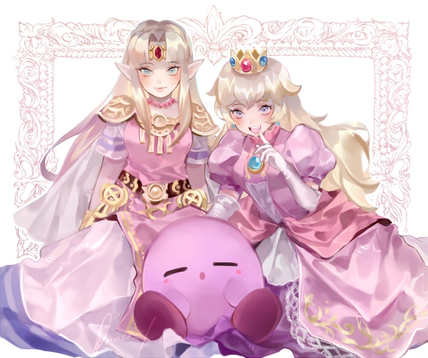 princess zelda, kirby, and princess peach (the legend of zelda and 4 more) drawn by aubz