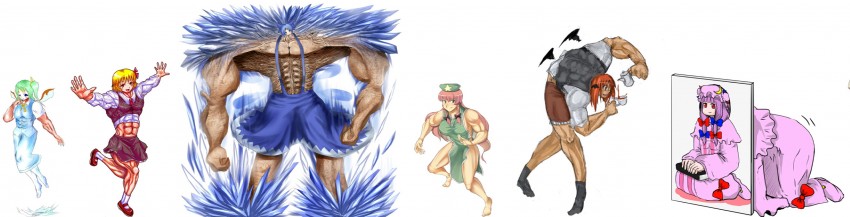 cirno, patchouli knowledge, hong meiling, rumia, koakuma, and 2 more (touhou and 1 more) drawn by blastbeat, fakkuma, kakkodan, and tobenai_todo