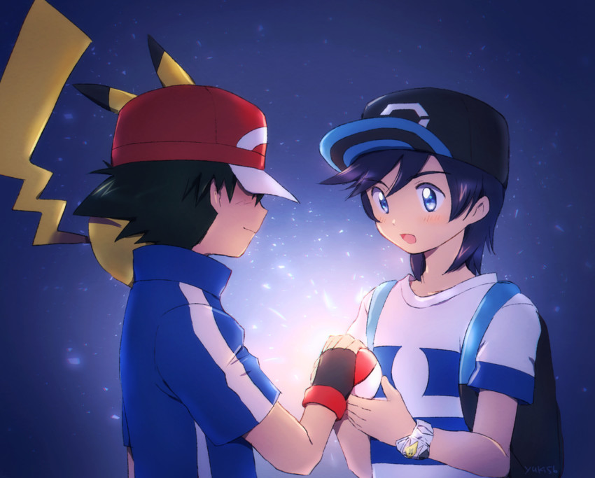 pikachu, ash ketchum, and elio (pokemon and 2 more) drawn by yuki56
