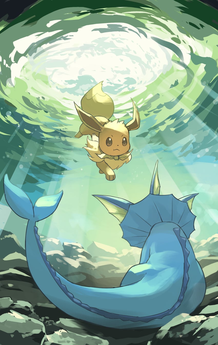 eevee and vaporeon (pokemon and 1 more) drawn by yamaori_(hakkentai_pokedan)