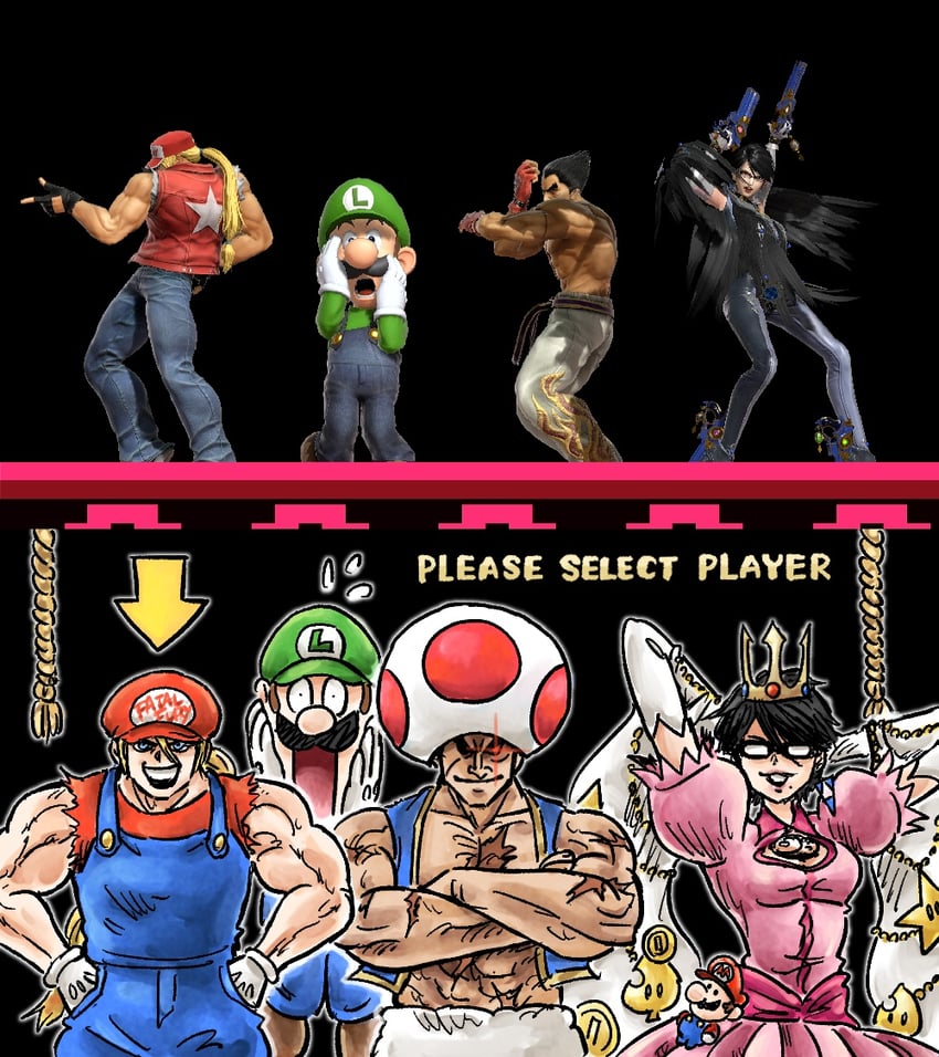 princess peach, mario, luigi, bayonetta, luma, and 3 more (mario and 5 more) drawn by kicdon