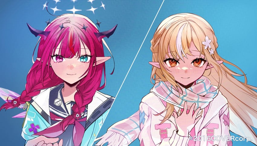 shiranui flare and irys (hololive and 1 more) drawn by maronrice