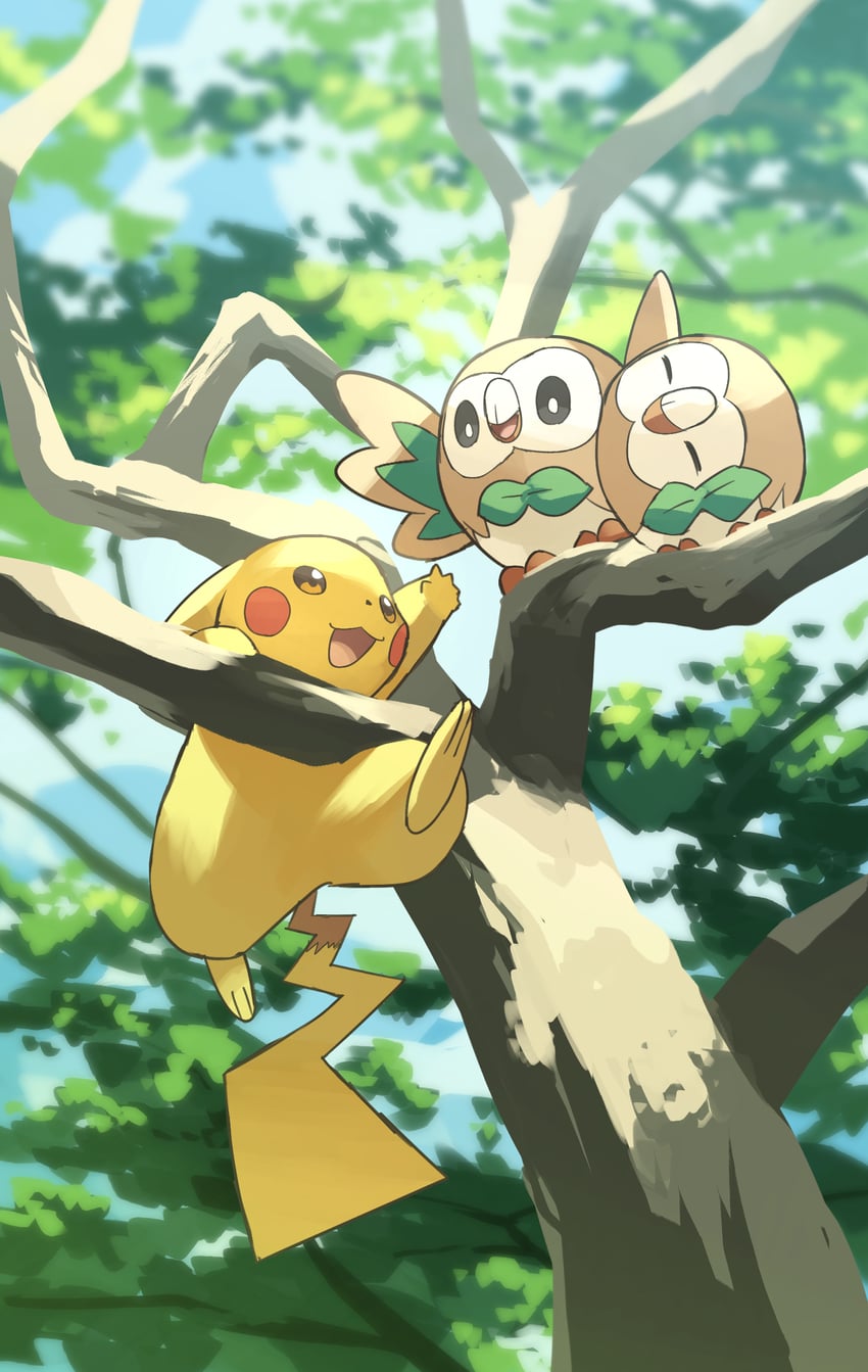 pikachu and rowlet (pokemon) drawn by yamaori_(hakkentai_pokedan)