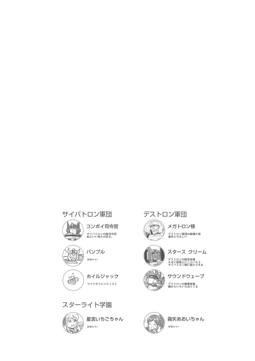 hoshimiya ichigo, kiriya aoi, optimus prime, megatron, starscream, and 3 more (aikatsu! and 1 more) drawn by shinshihadagi