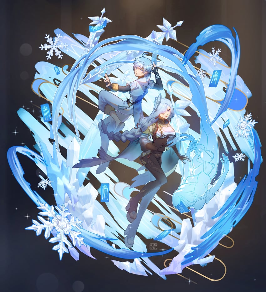 shenhe, chongyun, and shenhe's talisman spirit (genshin impact) drawn by allenerie