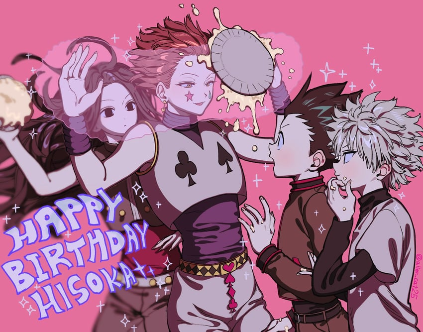 killua zoldyck, gon freecss, hisoka morow, and illumi zoldyck (hunter x hunter) drawn by kurotani_(alien_cat25)