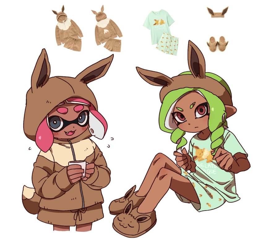 inkling player character, inkling girl, eevee, octoling player character, octoling girl, and 1 more (pokemon and 2 more) drawn by ikki_(gsl_9708)