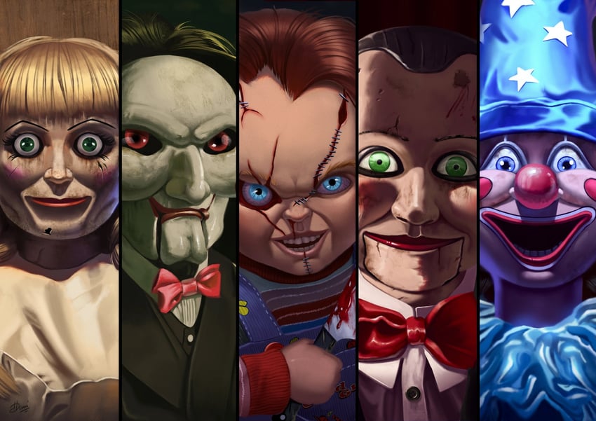 chucky, jigsaw, annabelle, and slappy (saw and 3 more) drawn by xexumedina