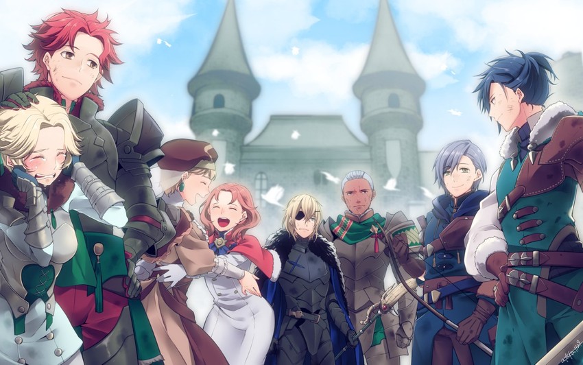 dimitri alexandre blaiddyd, ingrid brandl galatea, sylvain jose gautier, mercedes von martritz, felix hugo fraldarius, and 3 more (fire emblem and 1 more) drawn by ataka_takeru