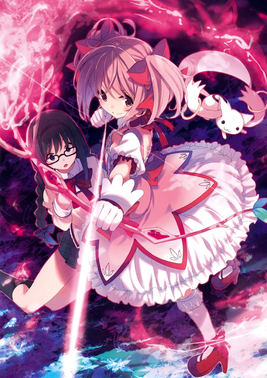 akemi homura, kaname madoka, and kyubey (mahou shoujo madoka magica) drawn by hamayumiba_sou