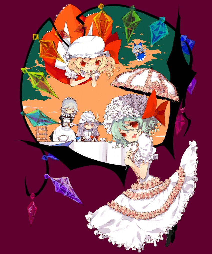 remilia scarlet, flandre scarlet, izayoi sakuya, cirno, and patchouli knowledge (touhou) drawn by saya_(sayaya)