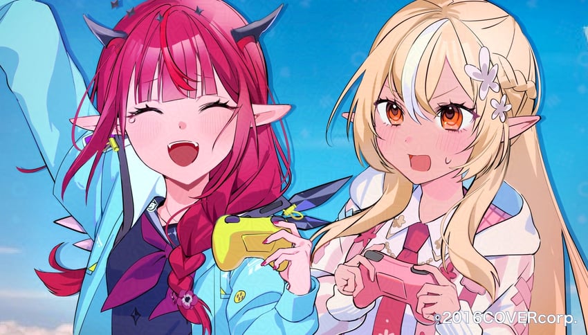 shiranui flare and irys (hololive and 1 more) drawn by maronrice