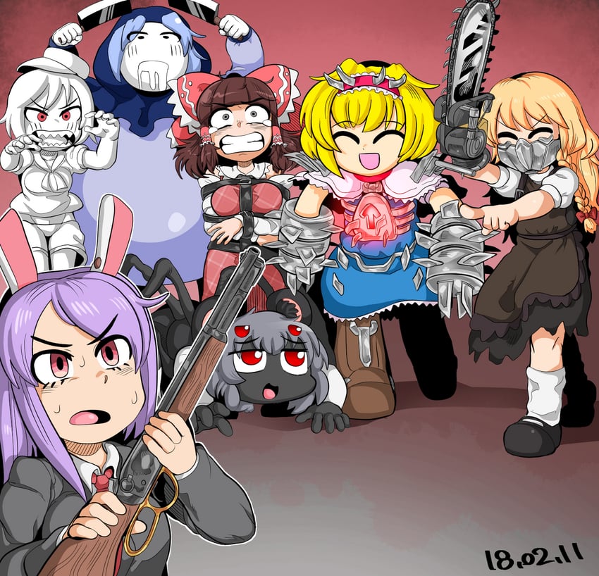 hakurei reimu, kirisame marisa, reisen udongein inaba, nazrin, murasa minamitsu, and 10 more (touhou and 3 more) drawn by tetugakuzonbi
