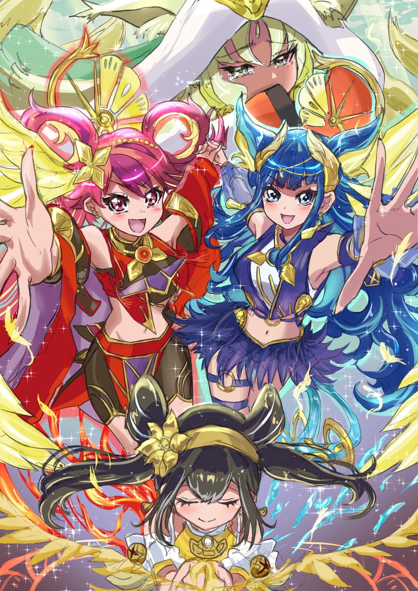 hu-li the jewel mikanko, ni-ni the mirror mikanko, ohime the manifested mikanko, arahime the manifested mikanko, and uzuhime the manifested mikanko (yu-gi-oh!) drawn by noppe