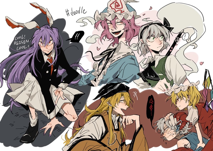 flandre scarlet, konpaku youmu, reisen udongein inaba, saigyouji yuyuko, matara okina, and 1 more (touhou) drawn by iampenguinj