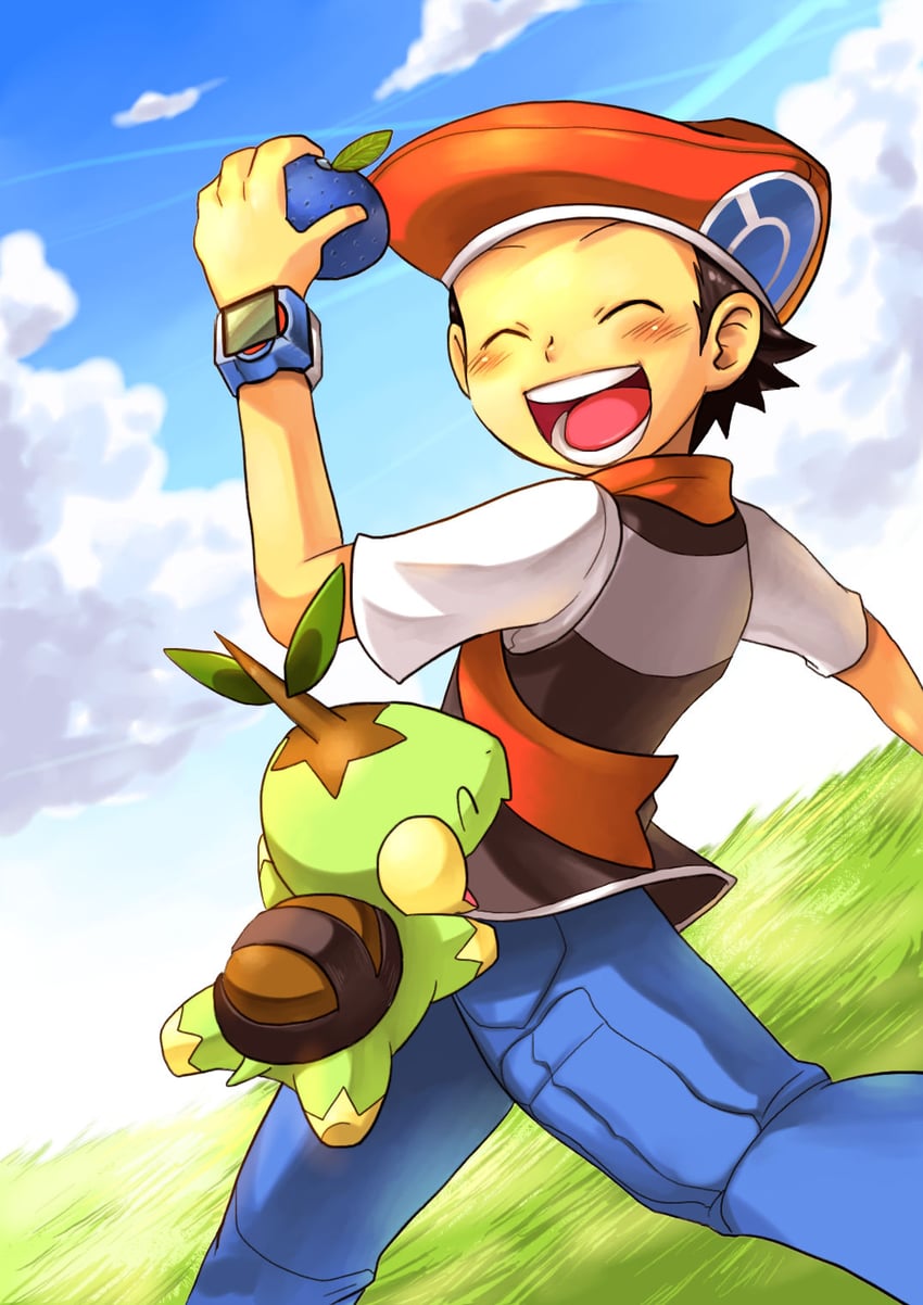 lucas and turtwig (pokemon and 1 more) drawn by cha_kuro_(limo)